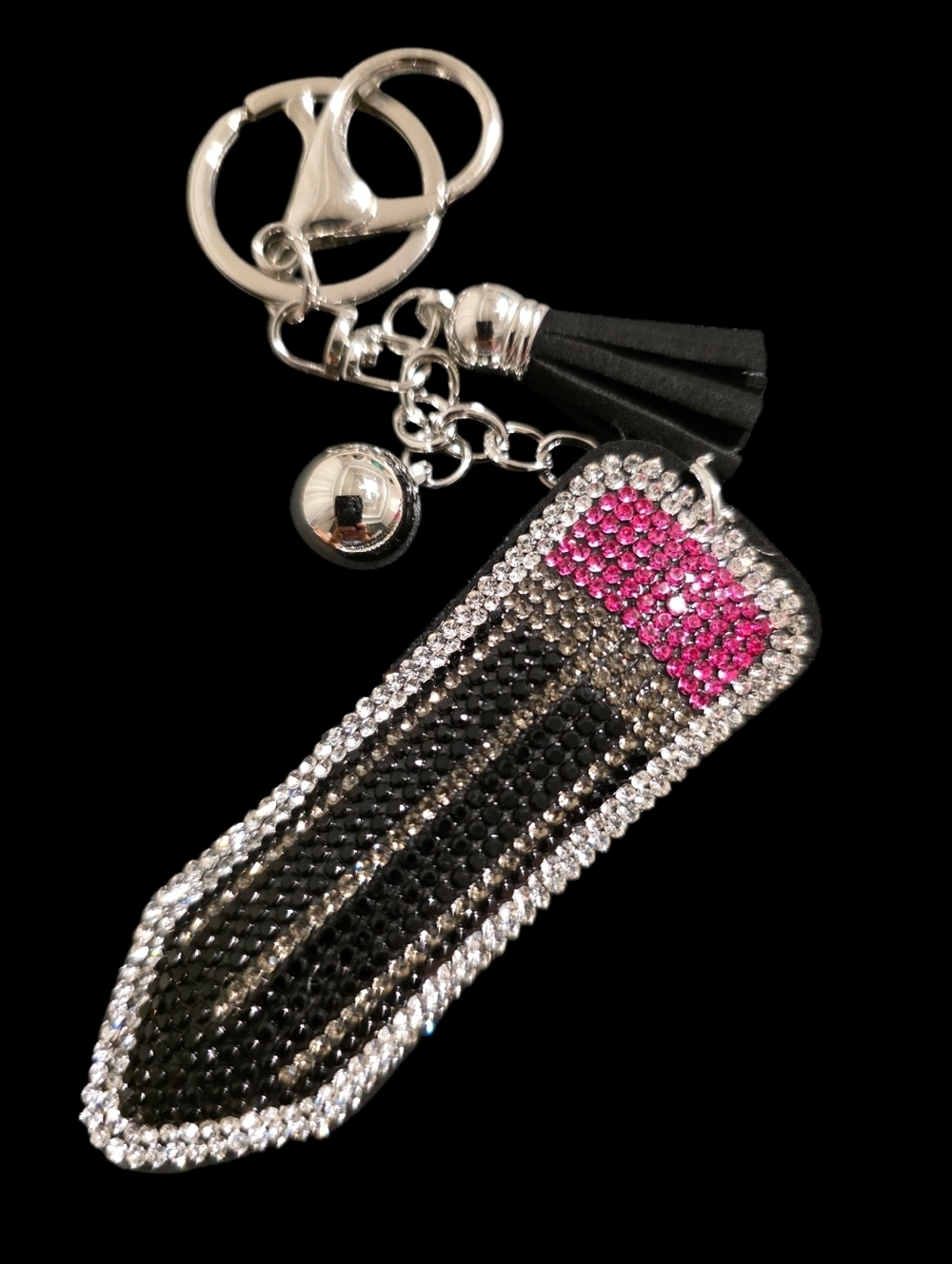 Crystal Embellished Pencil Keychain with Black and Silver Accents